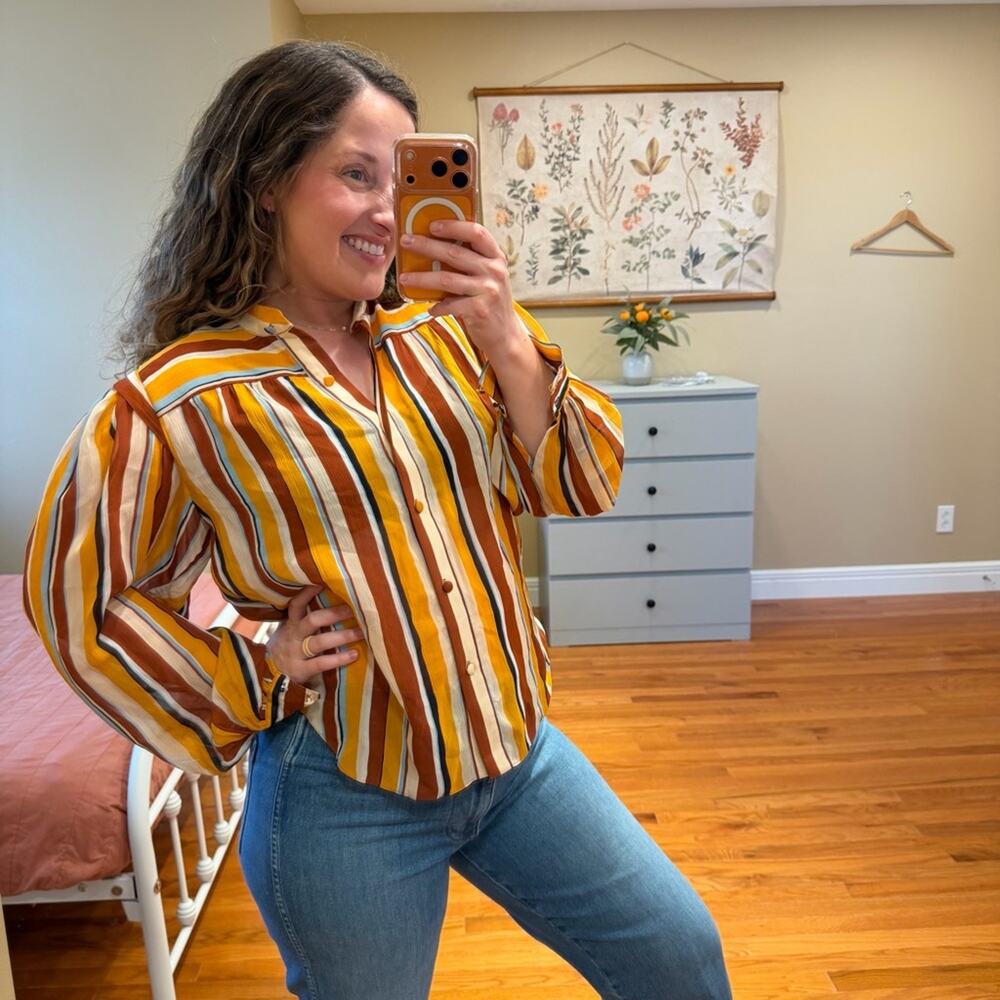 Frame Silk Yellow Tan Striped Overized Retro Button Front Long Sleeve Blouse XS